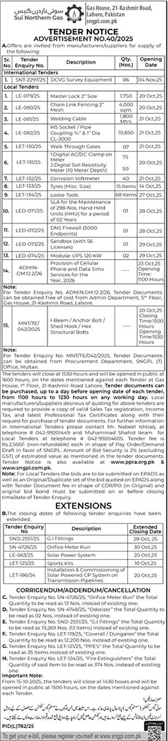 Sui Northern Gas Company Limited Lahore Tender Notice